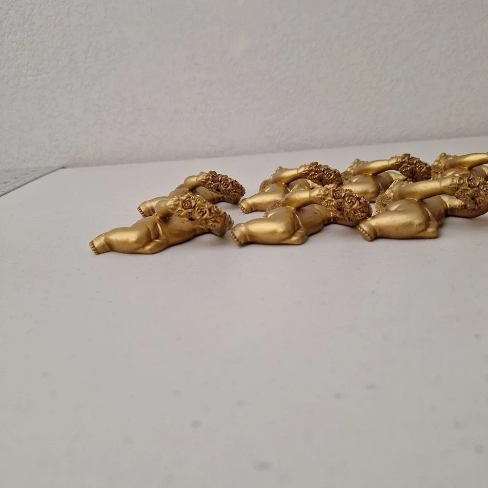 8 Ornate Resin Cherub Angel Napkin Ring Holders Gold Tone Painted Vintage HEAVY